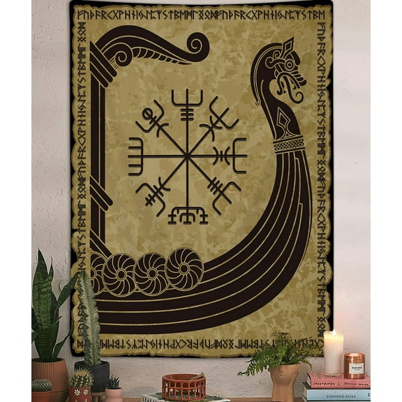 Norse Vikings Ancient Tapestry, Scandinavian Pattern and Norse Runes Art Wall Tapestry, Ancient Tattoo Art Wall Hanging or Men Bedroom Aesthetic Gothic Room, 40X60IN