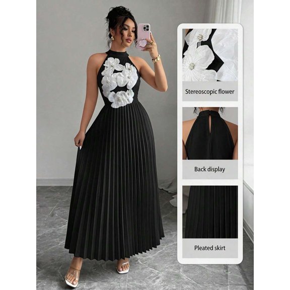 Black Womens Halter Neck Pleated Maxi Dress With 3D Floral Embellishments