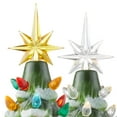 thumbnail image 6 of 12" Hand Painted Ceramic Christmas Tree - Green Snow Flocked, 100 Multi-Color Lights, 2 Star Toppers, 6 of 6