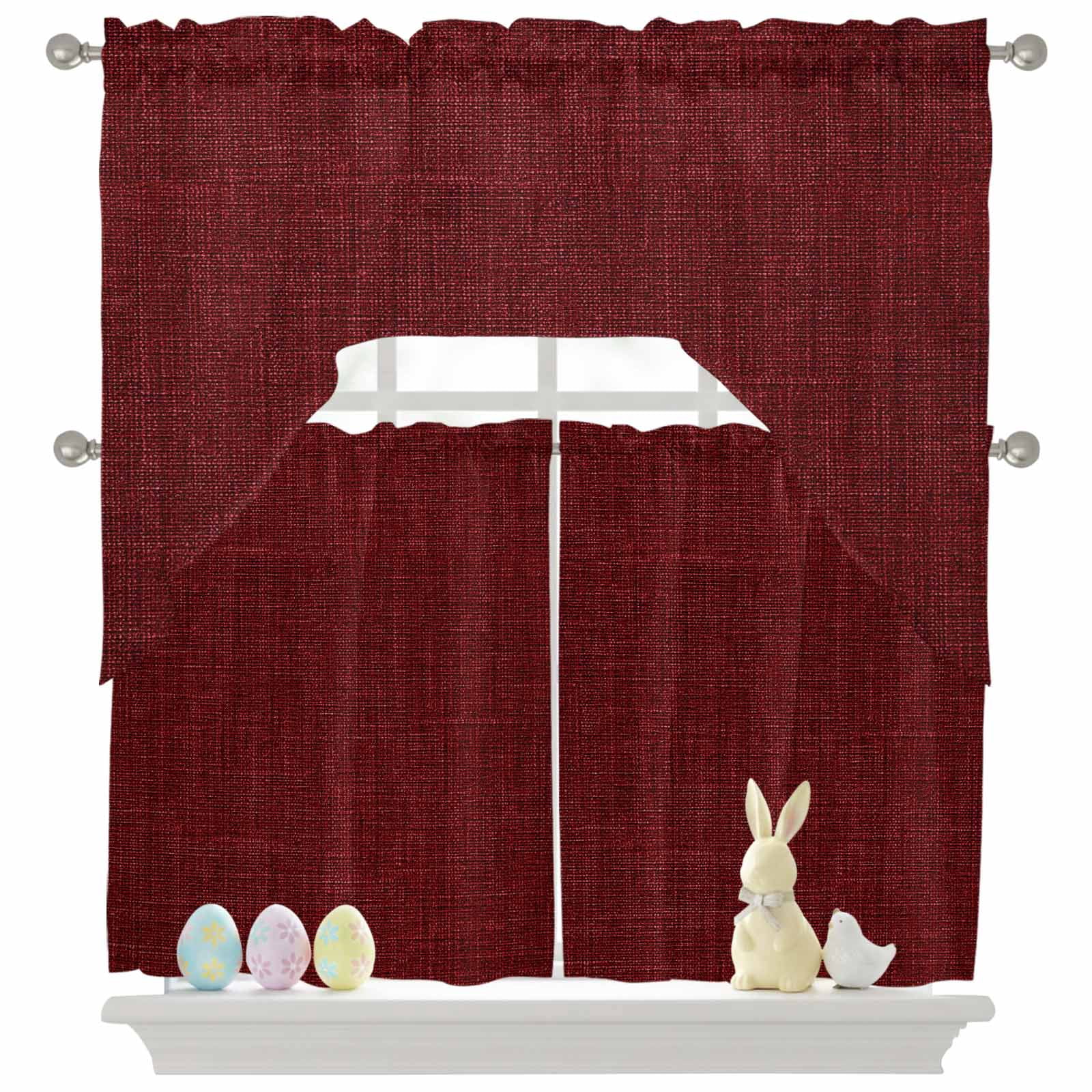 Wine Red Linen Swag Curtains Valance & Tier Set, Farmhouse Pure Color Country Farm 3 Pcs Set Kitchen Swag Valances and Tiers 24 Inch Length Rod Pocket Curtain Drapes for Bedroom