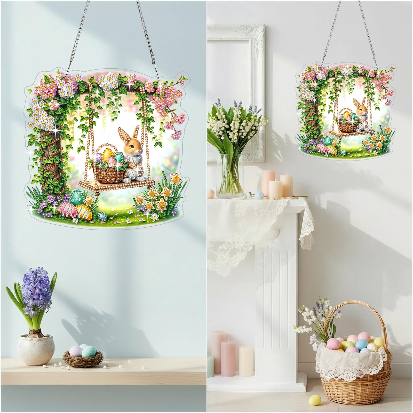FLOPESN DIY Easter Diamond Art Painting Pendant Kit - 7.08X7.87in Acrylic Single-sided Rhinestone Dotting Pendant Wall Decor-4Pcs