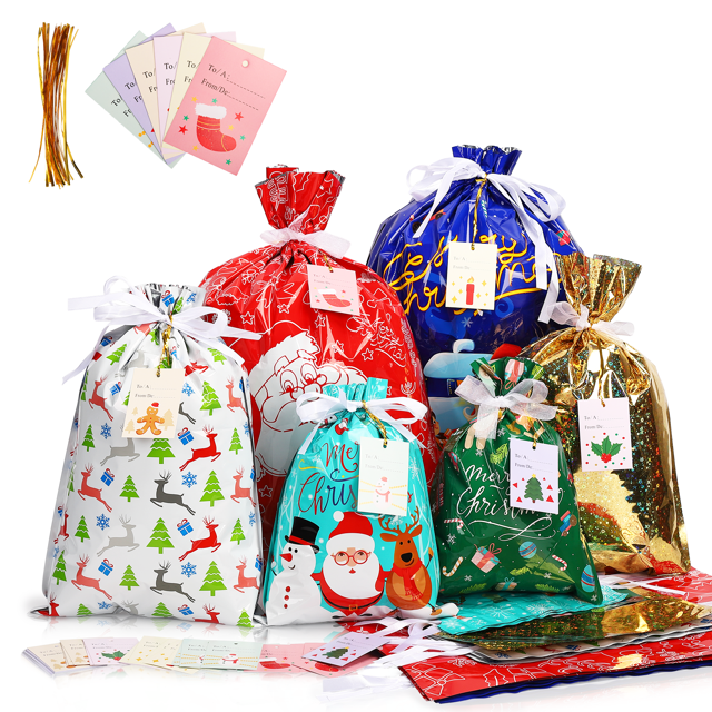 30Pcs Christmas Drawstring Gift Bags, Assorted Sizes Holiday Foil Gift