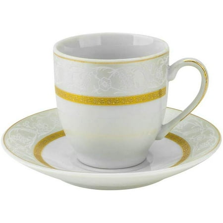Joseph Seigh GP09-012A, 4 Oz Fine Porcelain Espresso Cups & Saucers, Bone China Espresso Set in Gift Box, Ceramic Tea Cups w/ Saucers, Service for 6