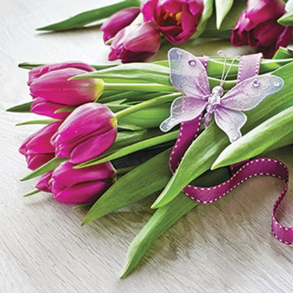 Fuchsia Tulips with Pink Butterfly - Decorative Floral Lunch Paper Napkins 100pcs - Perfect for Decoupage, Party, Birthday, Special Occasions, Weddings