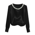 thumbnail image 3 of Women's Satin Long Sleeve Top Blouse Shirt with Pearl Embellished Round Neckline Solid Color Elegant for Casual Work Office Commuting and Business Outfits Fashion Essential Gift for Women, 3 of 9