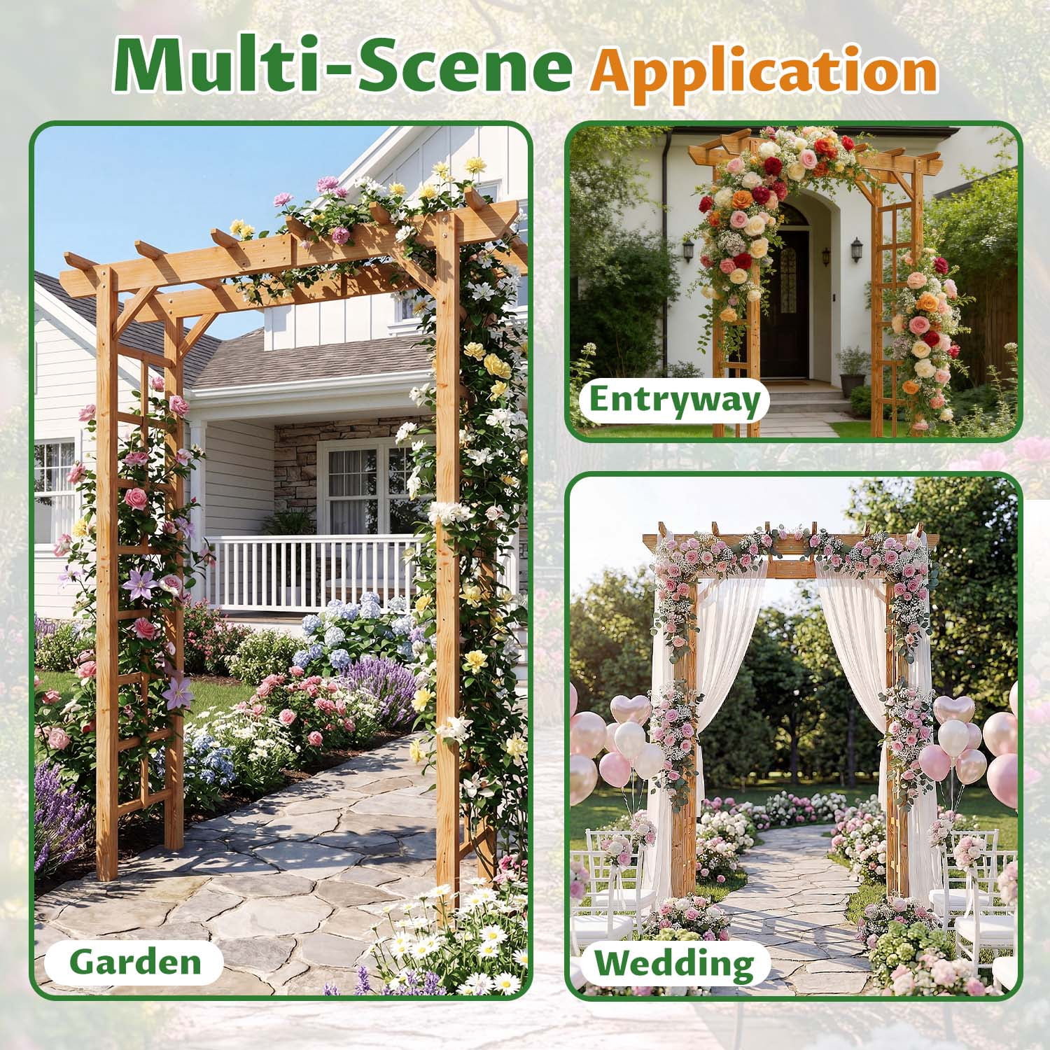 BaPiPro 85" Wooden Garden Arbor Trellis, Outdoor Wedding Arch for Ceremony, Pergola Arch with Climbing Plant Support for Garden Backyard, Lawn