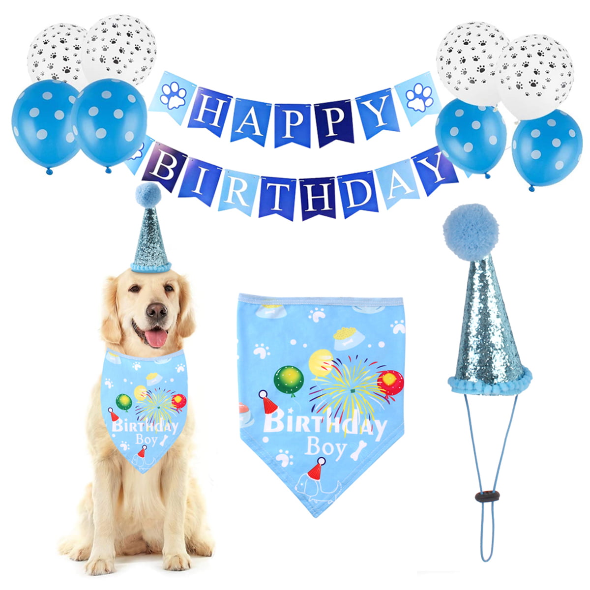 Cute Dog Birthday Hat and Bandana Happy Birthday Banner yizeda Dog Birthday Party Supplies 8 Pack Balloons Cute Puppy Birthday Party（Pink） 10 Pack Stickable Golden Numbers