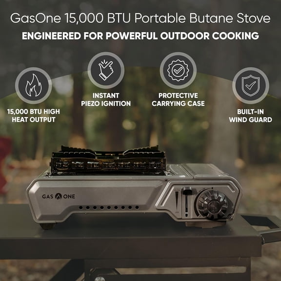GasOne 15,000 BTU Portable Butane Camping Stove with Case: Automatic Ignition, Precise Heat Control - Camping & Tailgating and Outdoor Cooking