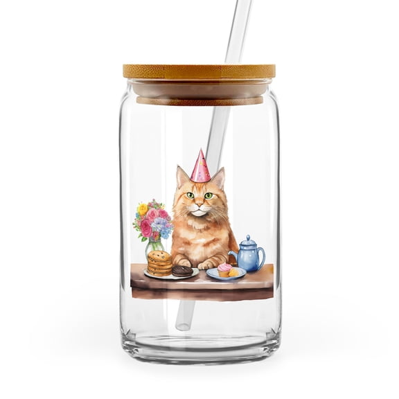 Happy Mother's Day Maine Coon with Sweets and Flowers at a Picnic 16oz Glass Cup Mug Cat Lover Kitten Owner Gifts Glass Can with Bamboo Lid and Straw - 13005