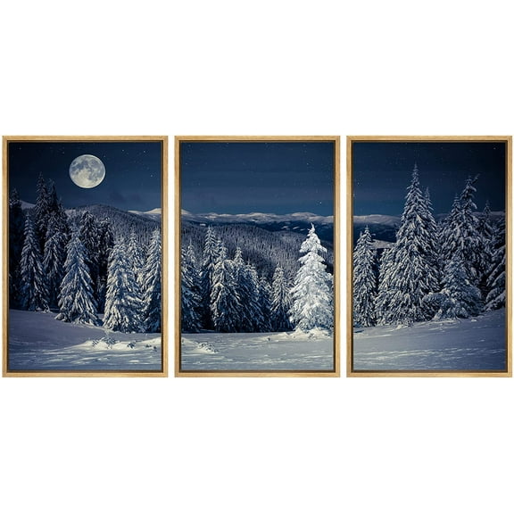 wall26 Framed Canvas Print Wall Art Set Moonlight Winter Snow Mountain Forest Nature Wilderness Photography Realism Rustic Landscape Colorful Cool for Living Room, Bedroom, Office - 16"x24"