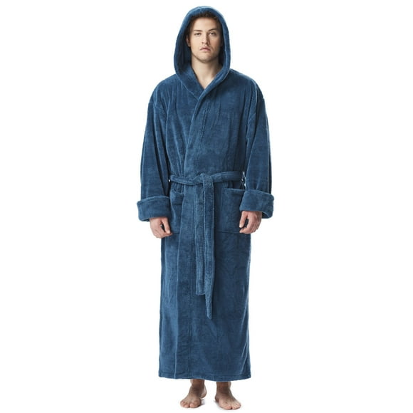 Arus Men's Hooded Fleece Long Robe, Ankle Length Turkish Bathrobe, Ocean, Small-Medium