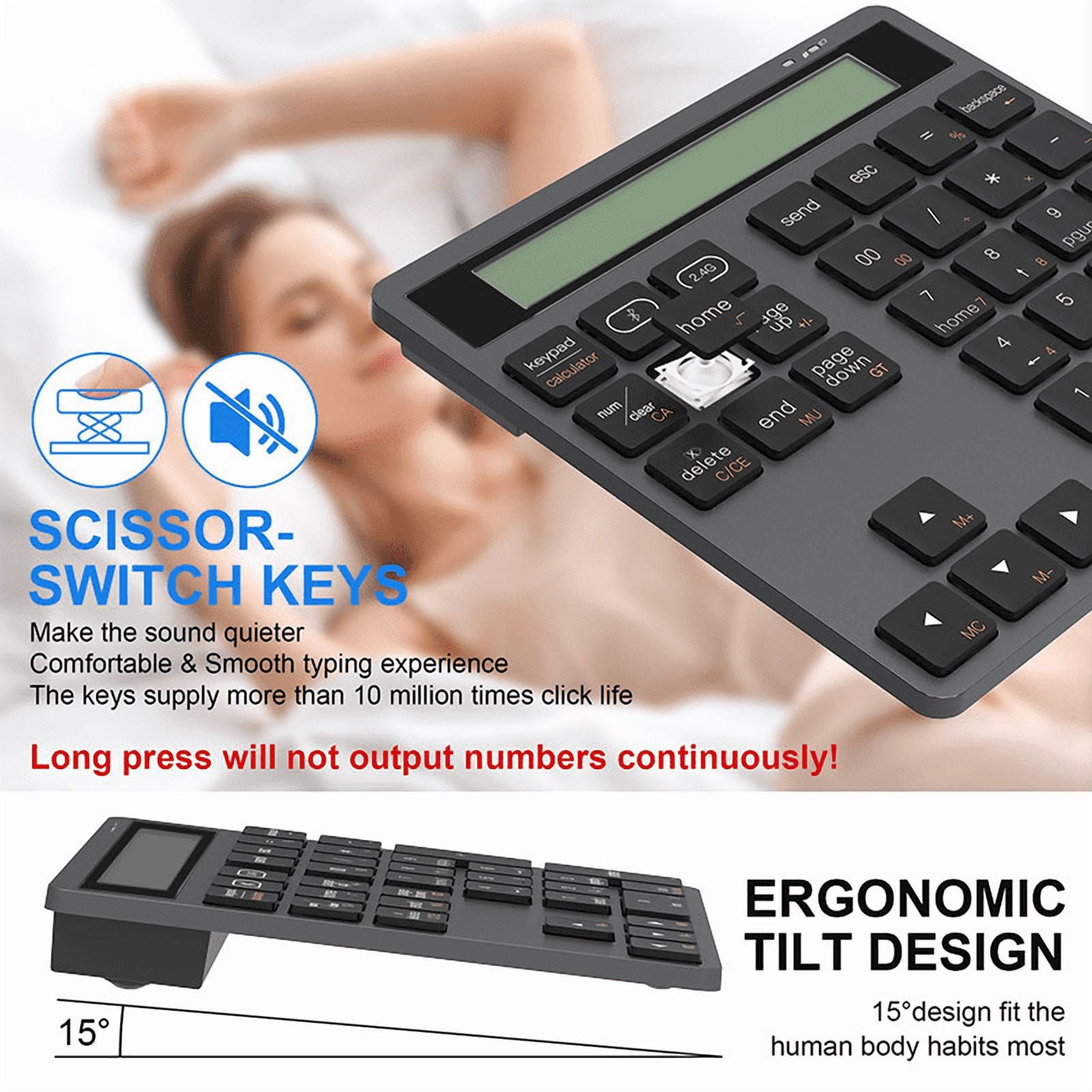 JOMAA Bluetooth +2.4G Wireless Numeric Keyboard with Display Calculator Wireless Number Keypad Financial Accounting Numpad Data Entry