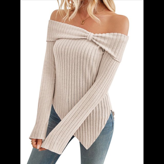 Suéter de Punto con Lazo y Hombros Descubiertos para Mujer, con Abertura Lateral, Estilo Y2K, A Albaricoque S