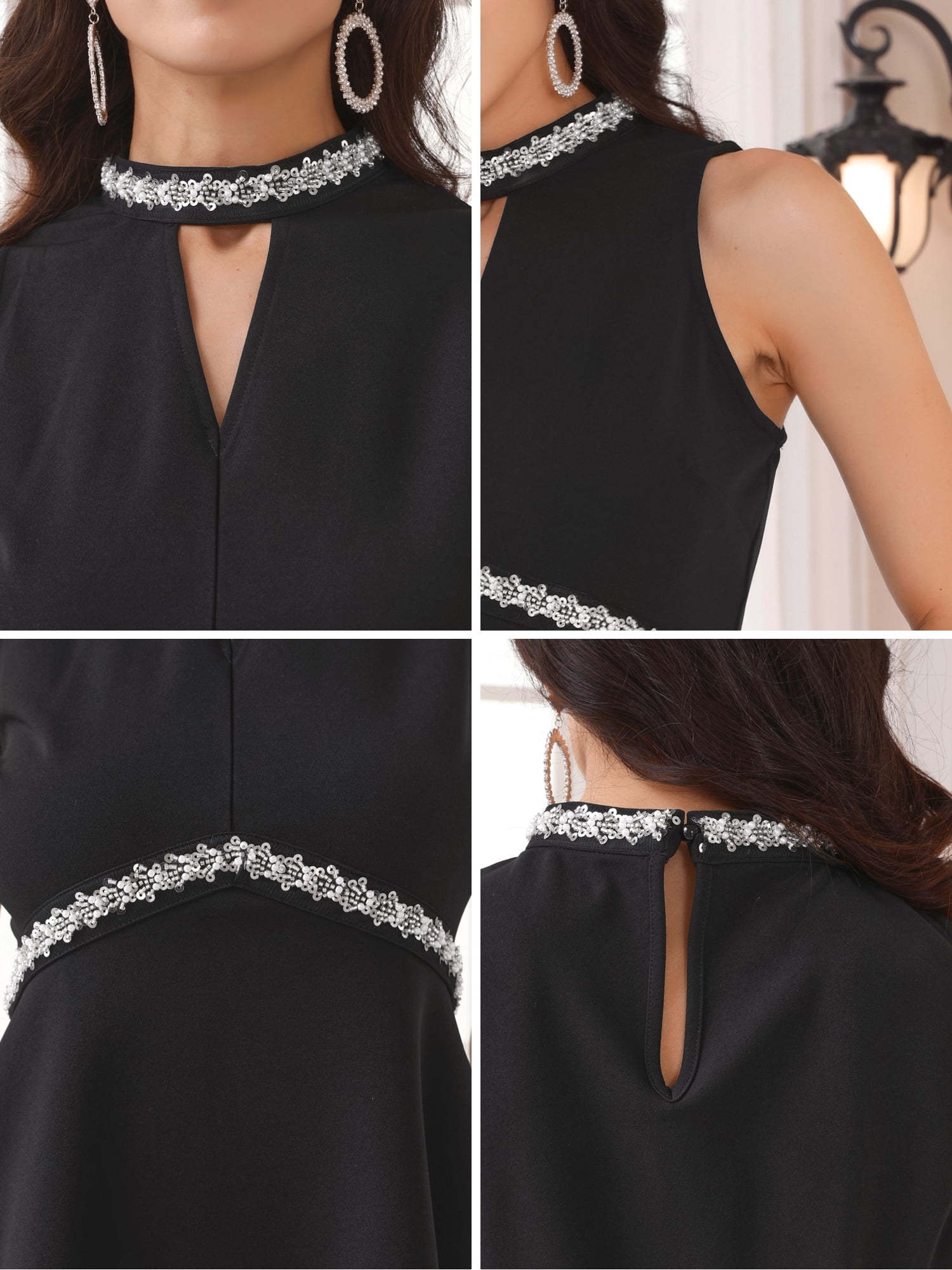 DARING DIVA Women's Halter Neck Beaded Cocktail Sleeveless Blouse S Black