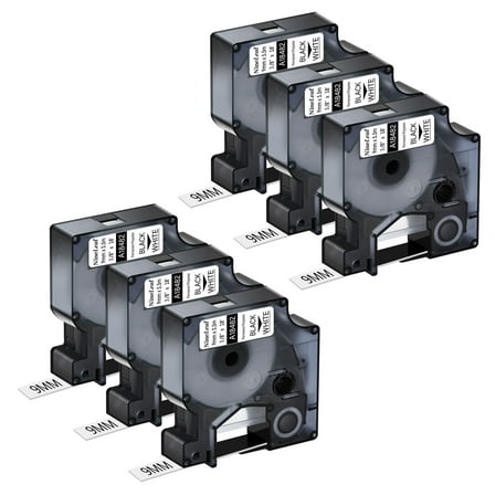 NineLeaf 6 Pack Compatible for DYMO 18482 3/8'' 9mm Black on White Permanent Polyester Label Tape