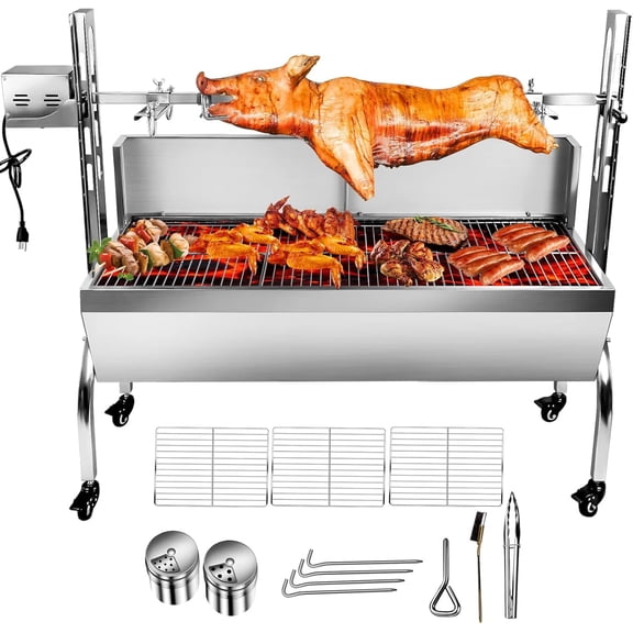 Stainless Steel Rotisserie Grill with Wind Deflector, 25W Motor Small Pig Whole Lamb Rotisserie Roaster, 80kg BBQ Charcoal Rotisserie Roaster Grill for Camping Outdoor Kitchen