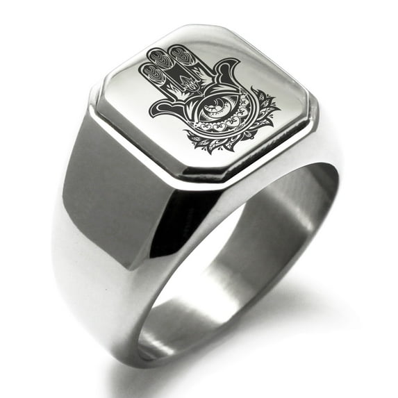 Stainless Steel Floral Hamsa Hand of Fatima Engraved Square Flat Top Biker Style Polished Signet Ring