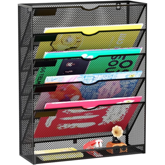Hanging Wall File Organizer 6 Tier Mounted Mail Paper Folder Holder Document Organization Stand, Vertical Desk Magazine Rack for Office Home Cubicle Countertop, Black