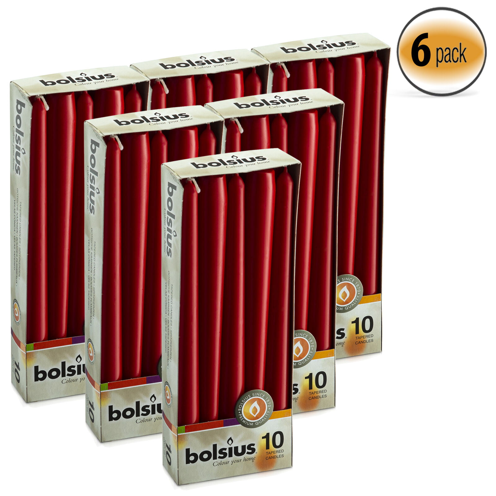 7.5 Hour Burn Time Bolsius Box Of 10 Red Non-Drip Tapered Candles 
