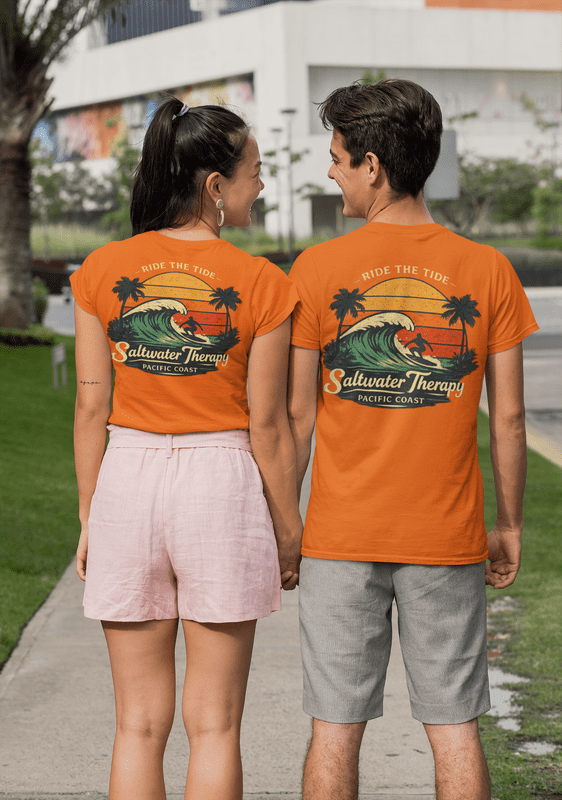 Saltwater Therapy Surf T-Shirt – Ride the Tide Beach Graphic Tee, Front & Back Print Coastal Shirt, Unisex Crewneck