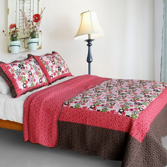 Candy Floral Cotton 3PC Vermicelli-Quilted Printed Quilt Set (Full/Queen Size)