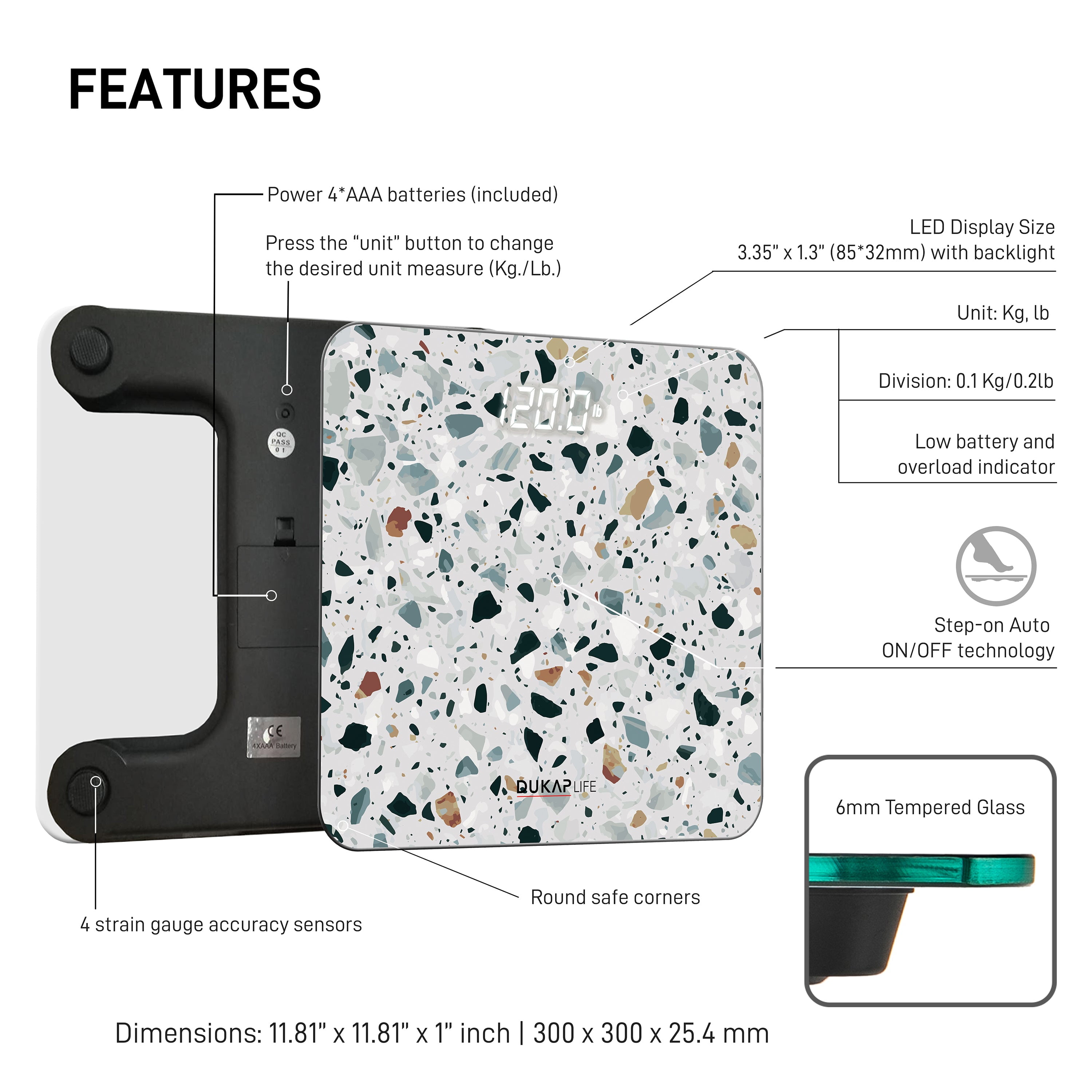 DUKAP LIFE Unique Digital Bathroom Body Weight Scale with Hidden LED Screen Display - TERRAZZO Design