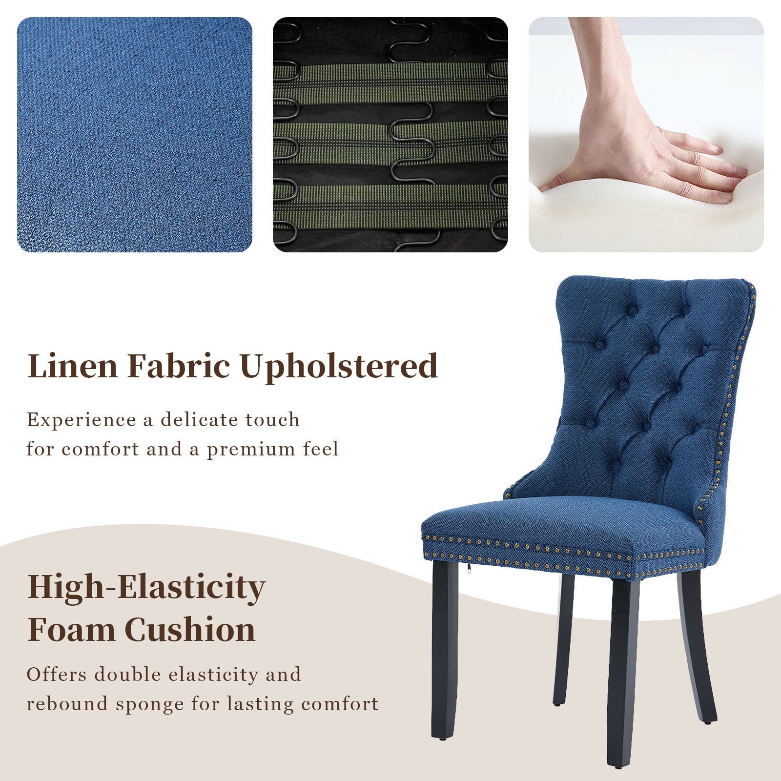 Linen Upholstered Dining Chairs Set of 6, Navy Mid Century Modern Dining Chairs, Kitchen & Dining Room Chairs with Wood Legs, Sillas de Comedor (Blue, 6 Pcs)