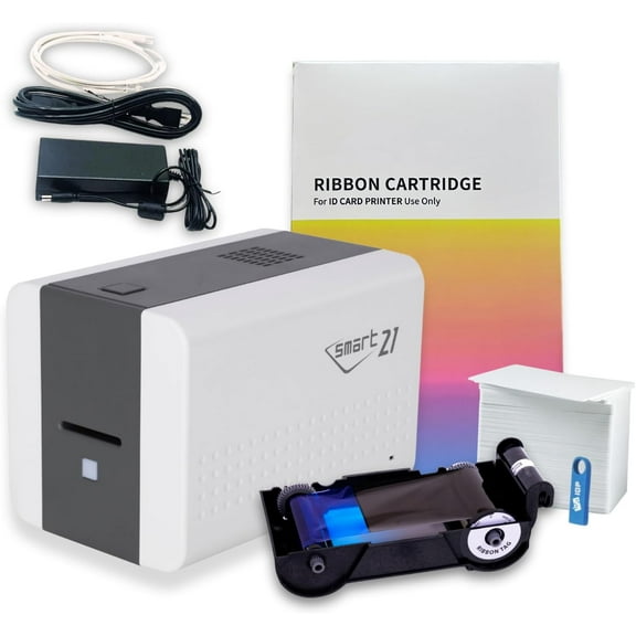 IDP SMART-21SK-EZ ID Card Simplex Printer Kit, Includes printer, YMCKO color ribbon, 100 PVC cards, PC-only software