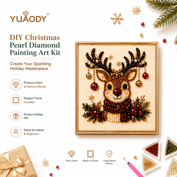 Clearance!DIY Christmas Pearl Diamond Painting Art Kit with Frame, Pearl Beads Art Craft for Adults Beginners