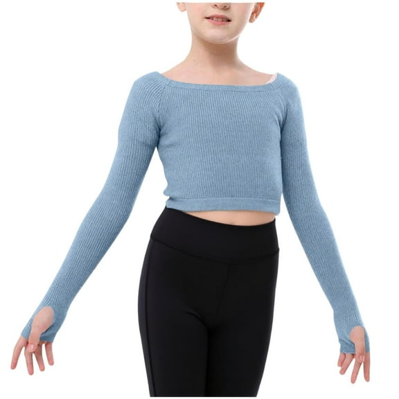Tdoqot Girls Ballet Sweaters Cropped Tops- Cute Warm Off The Shoulder Long Sleeve Kids Dance Clothes Blue Size 5-14