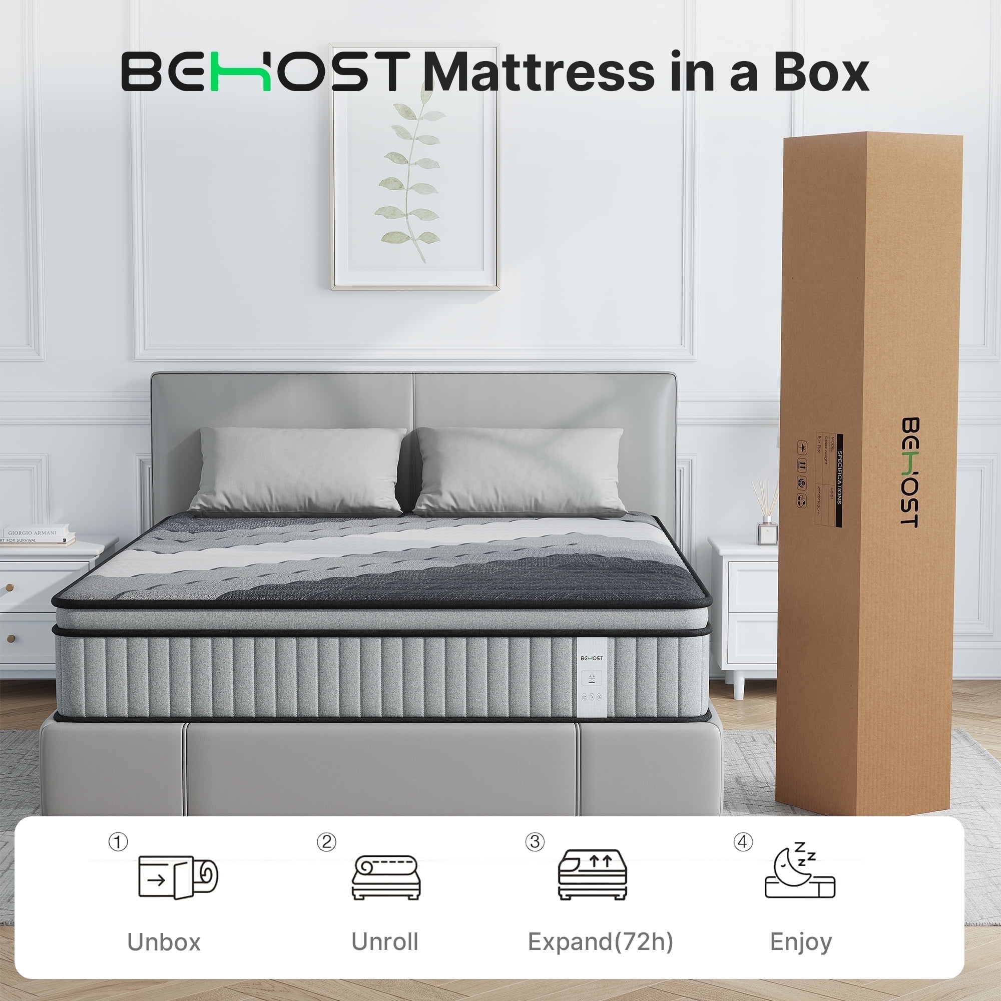 BEHOST 14 inch Queen Size Mattress in a Box, CertiPUR-US Memory Foam, Fiberglass-free & Reinforced Edge Support