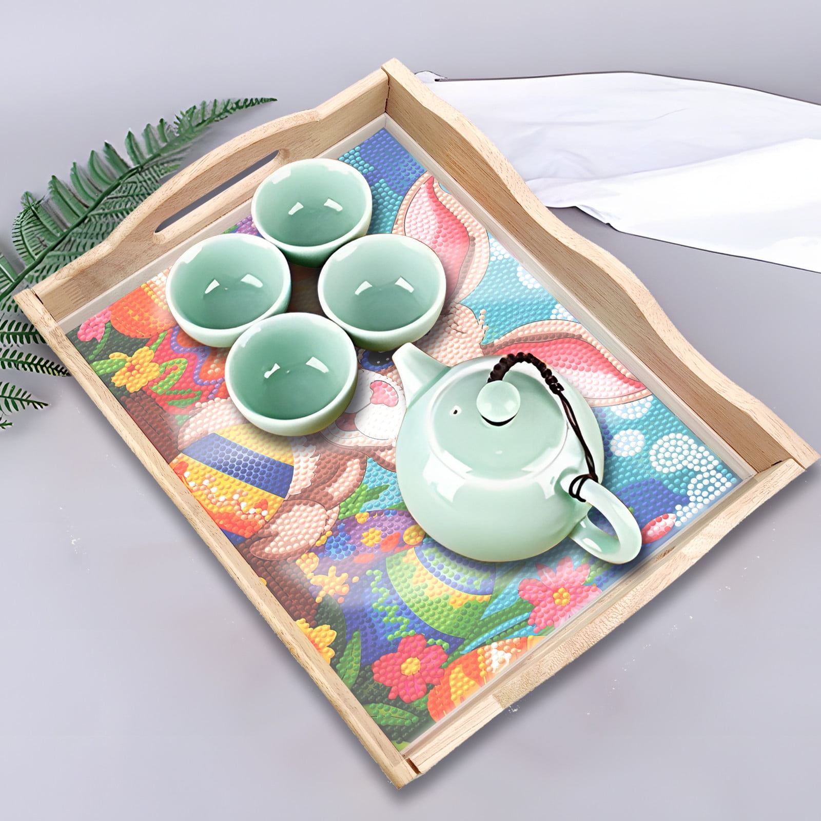 FLOPESN Easter Bunny DIY Diamond Art PaintingTray, Creative Design Handmade Wooden Dinner Plate For Kitchen、Coffee Shop
