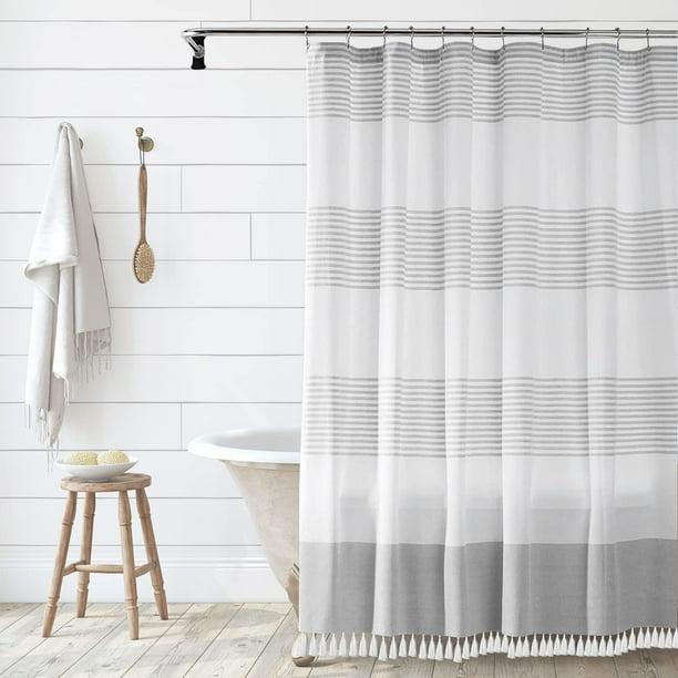 Grey Farmhouse Shower Curtain for Bathroom With Striped Tassel Modern ...