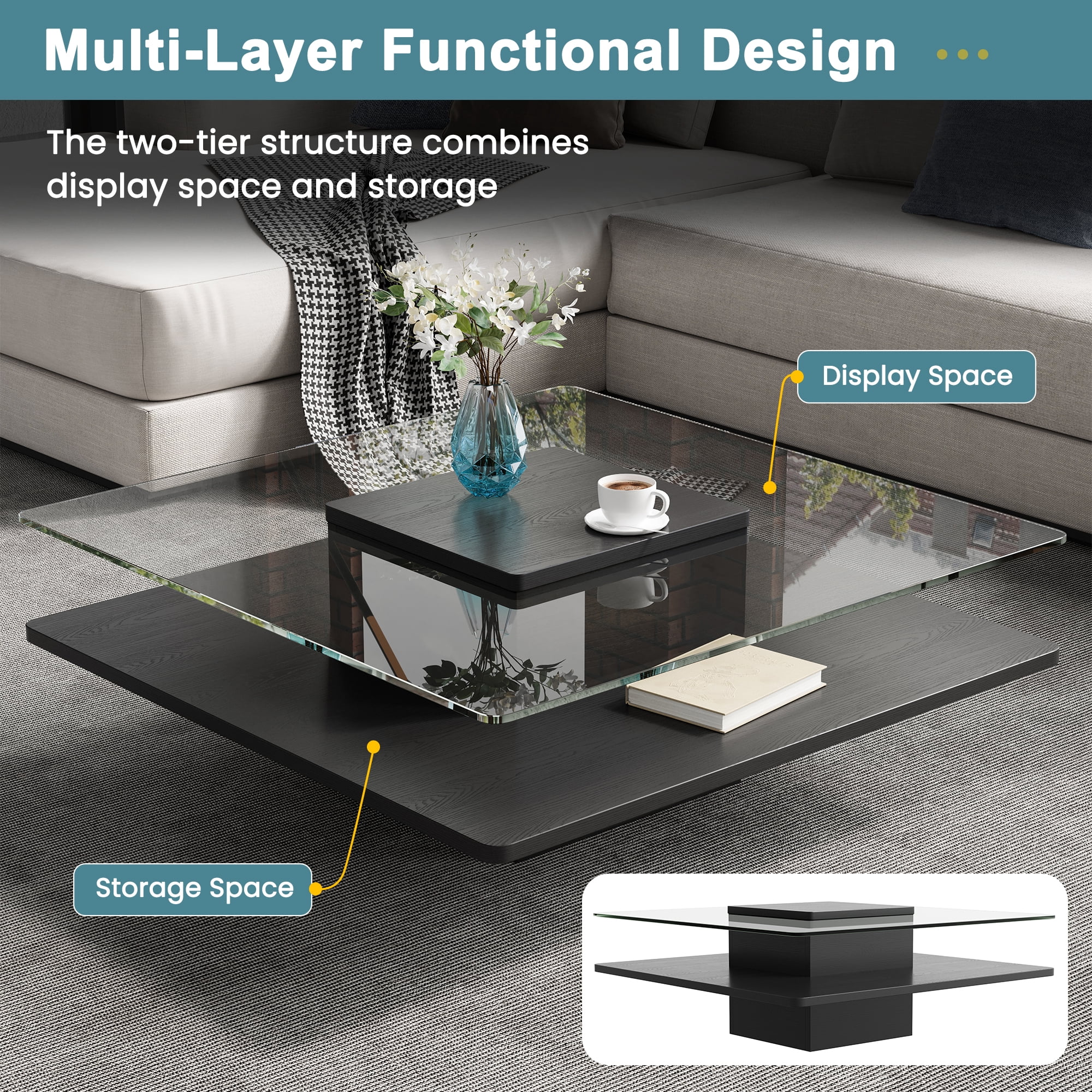 GARITIN Coffee Table 31.5 Inch, Square Tempered Glass Top with Storage Shelf and Black Finish Frame for Living Room