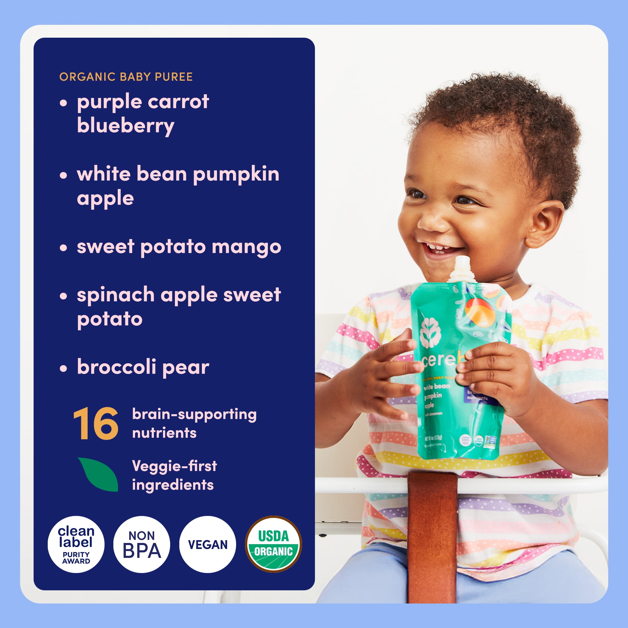 Cerebelly Organic Baby Food Pouches, Fan Favorite Variety Pack, 4 oz, Puree Toddler Pouches, 18 Pack