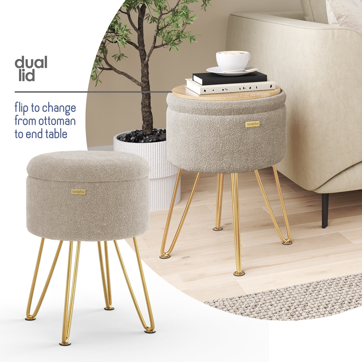 LammaLoe Small Round Ottoman with Storage, Boucle Ottoman Foot Stool with Lid, Upholstered Vanity Stool for Living Room & Bedroom, Beige