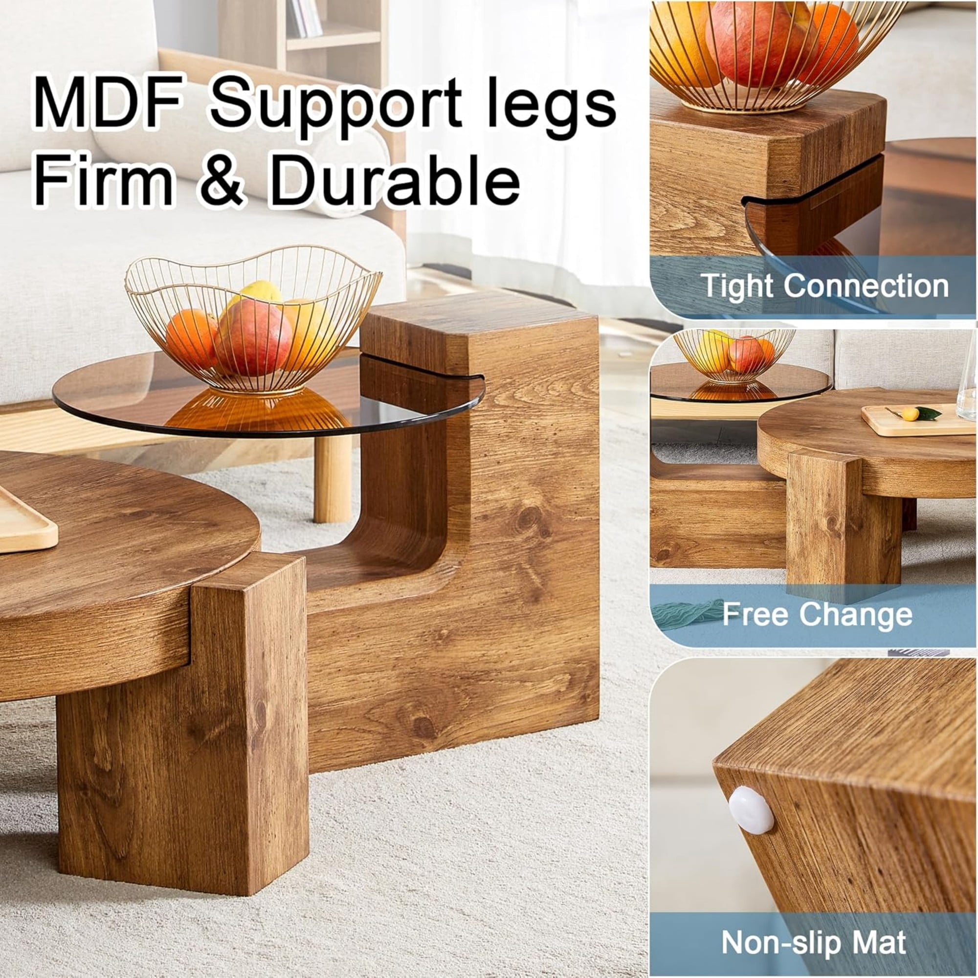 Sudica Detachable Double-decker Coffee Table,30" Round Tea Table with Wood Grain Base,Center Table for Living Room