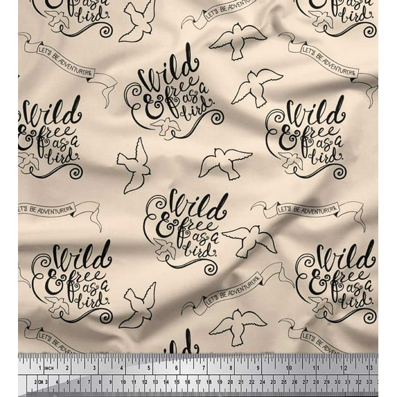 Soimoi White Viscose Chiffon Fabric Text & Bird Tribal Print Sewing Fabric Yard 42 Inch Wide