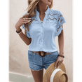 thumbnail image 6 of Women'S Eyelet Embroidery Blouse V Neck Button Down Shirt Flounce Short Sleeve Top with Cutout Detail Blue XL, 6 of 7