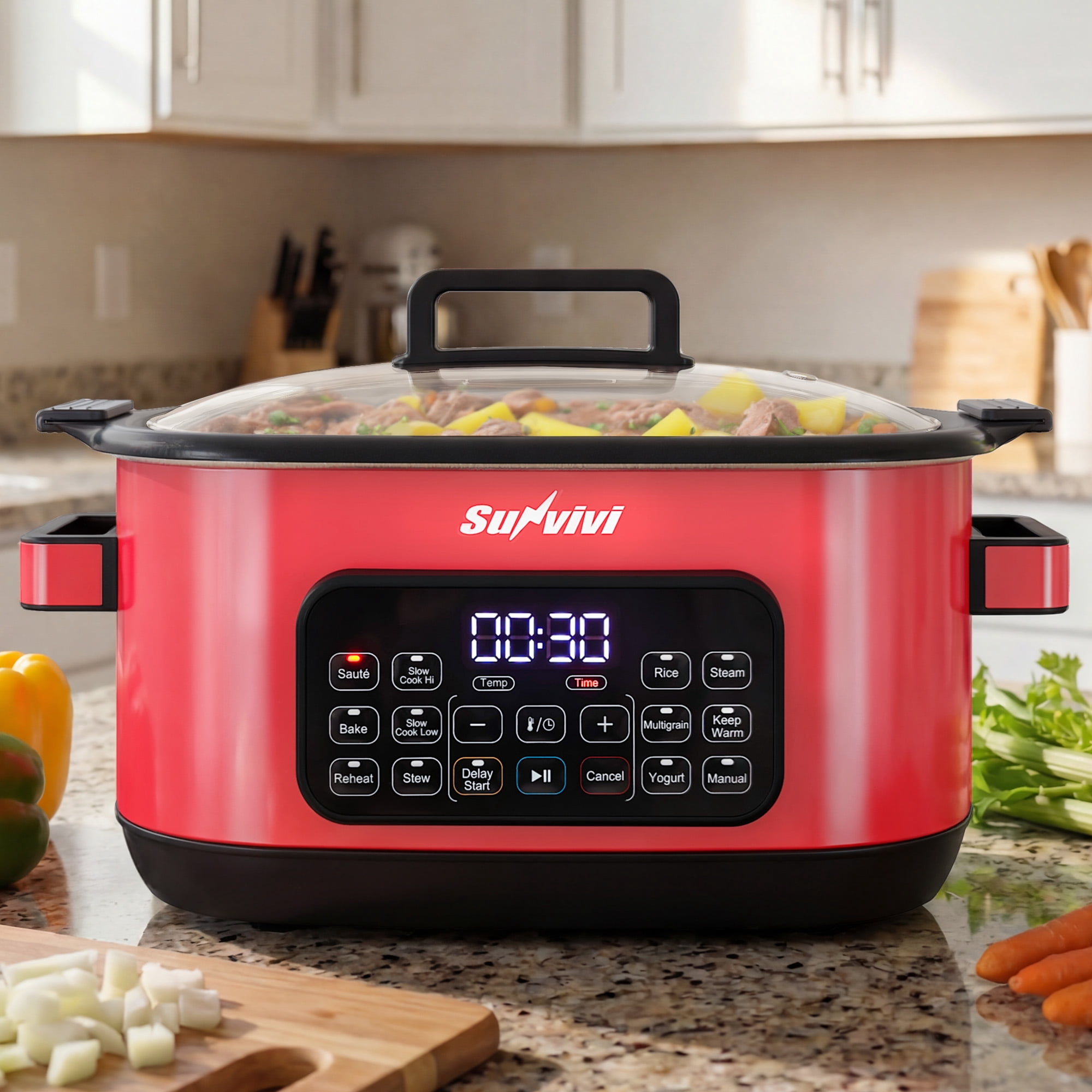 Sunvivi 12-in-1 Digital Programmable Slow Cooker, 6.5 QT Large Multicooker, Multi-Cooker with Timer, Temp Control, Red