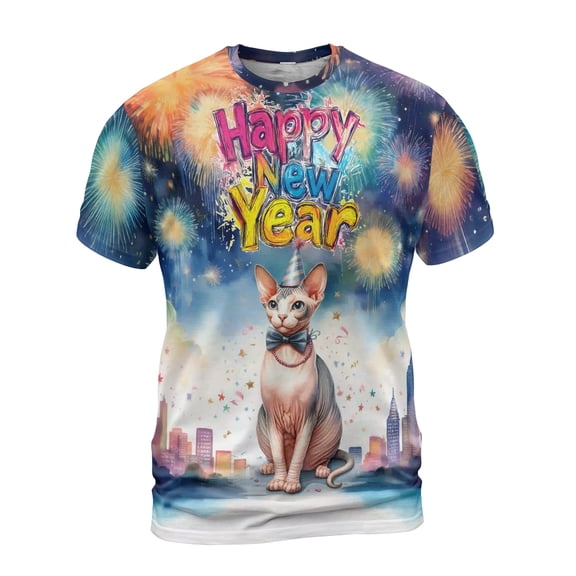 Happy New Year with Sphynx Fireworks Holiday Xmas Winter 2025 All Over Print 3D Shirt Unisex Merch Cat Lover Kitten Owner Gifts Idea - 00025