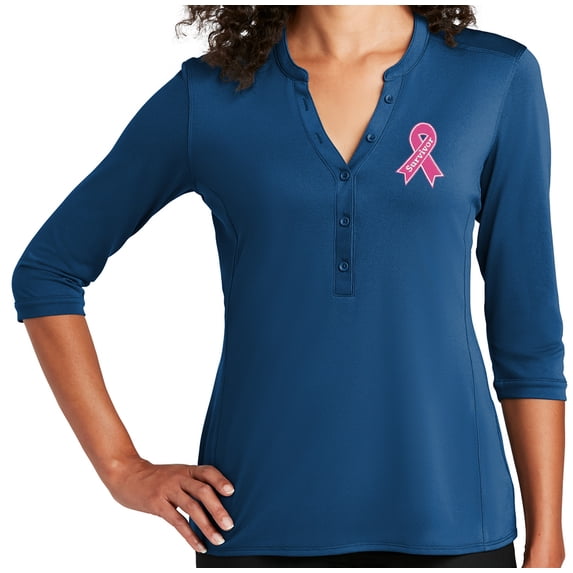 Women's Breast Cancer Survivor Ribbon Patch 5-button 3/4 Sleeve Henley Shirt, Small True Blue