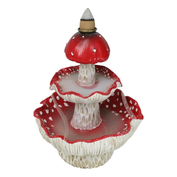 Enchanted Fairy Garden Red 3 Tiered Toadstool Mushrooms Backflow Incense Burner