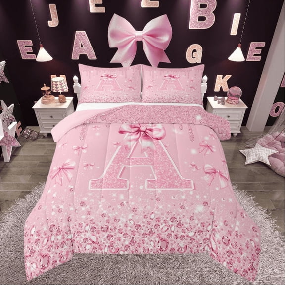 Castle Fairy Girls Monogrammed Letter 2pcs Bedding Comforter Set,Sparkling Sequin Crystal Twin Comforter Sets,Pink Bowknot Breathable Bedding Set,Super Cozy Room Decor