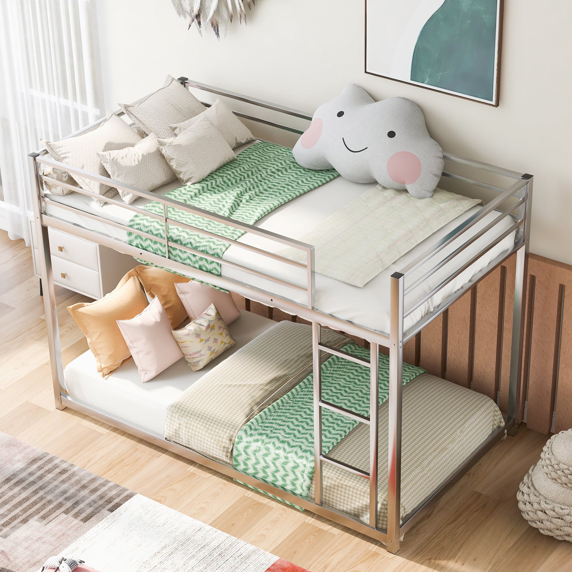 EUROCO Metal Twin over Twin Bunk Bed, Low Profile Bunk with Ladder and Full Length Safety Guardrails for Kids Teens Adults, 350lb Capacity Heavy Duty Space-Saving Bed Frame, Silver