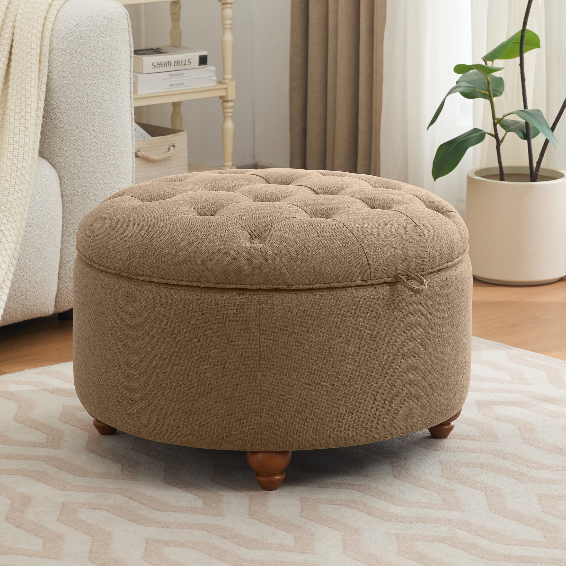 30Inch Round Storage Ottoman with Tray, Modern Tufted Fabric Circle Coffee Table with Storage, Upholstered Ottoman with Removable Top for Living Room, Bedroom, Brown