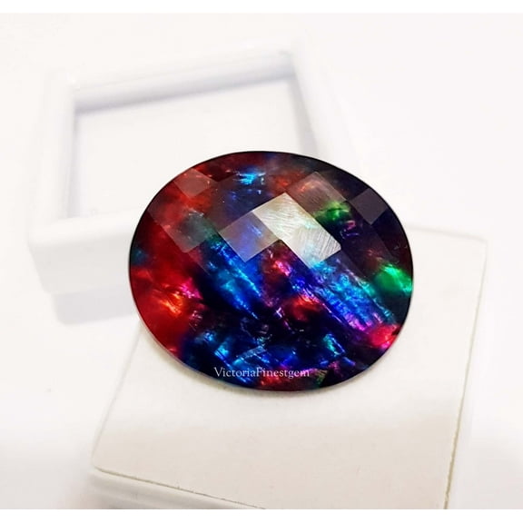 56.80 Ct Ammolite Opal-like Organic Synthetic lab-Created Precious Gem Loose Gemstone Doublet Rare Gemstone Oval Shape Checkerboard Table Cut ammolite stone