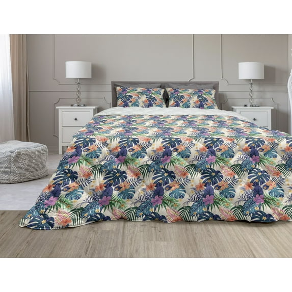 Tropical Comforter & Sham Bedding Set, Flowers and Leaves of Exotic Plants Tropic Jungle Rainforest Theme Pattern, 3 pcs Duvet Set Microfiber Filling Quilt, 5 Sizes, Multicolor, by Ambesonne