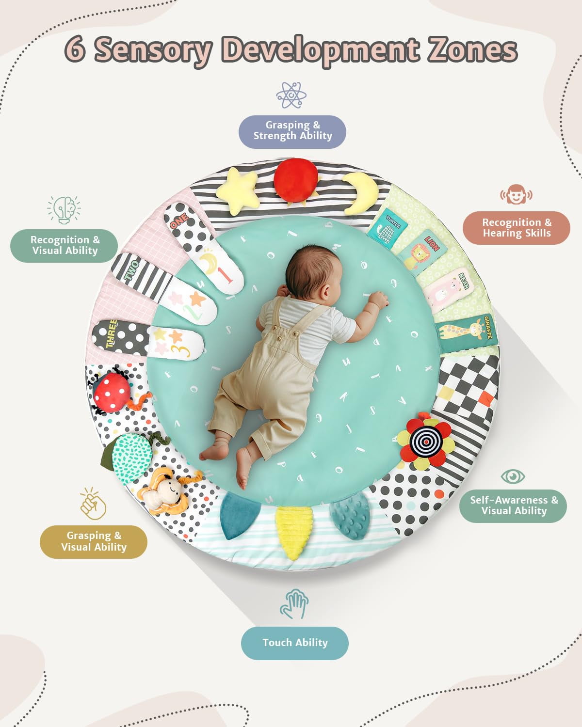 PRVAETU Wooden Baby Gym Play Mat, Foldable Tummy Time Playmat W/ 7 Detachable Toys for Infant Newborn Toddler Motor Skills Sensory Development,Green