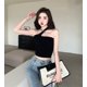 thumbnail image 1 of VISgogo, chaleco de punto informal para mujer con almohadillas para el pecho, camisetas de tubo de ombligo expuestas con cuello barco de Color sólido a la moda VISgogo  moda, 1 of 2